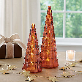 Pre-lit Amber Glass Trees, Set of Two