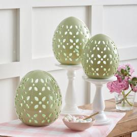 Pre-lit Ceramic Green Eggs, Set of Three