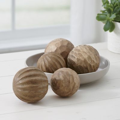 Decorative Carved Wood Balls, Set of Five