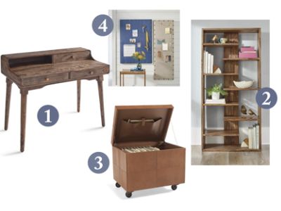 Grayson Writing Desk, Atlas Sheesham Bookcase, Mobile File Ottoman, Burlap Bulletin Board