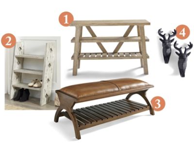 Teagan Tiered Console Table, Fairview Wood Shelf, Augusto Bench, White Tail Deer Hooks, Set of Two
