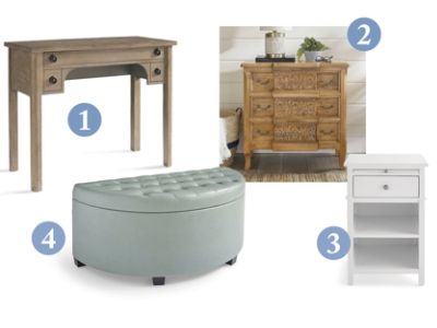 Liam Petite Desk, Waverly Chest, Jayne Single Drawer Nightstand, Piper Storage Bench